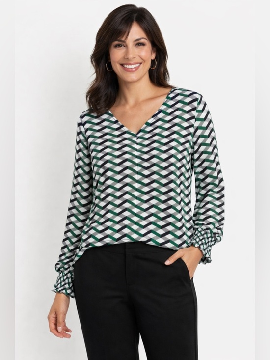 Worthington Tops - Worthington Green Black White Geometric V-Neck Blouse Casual Work Top  XL NWT
